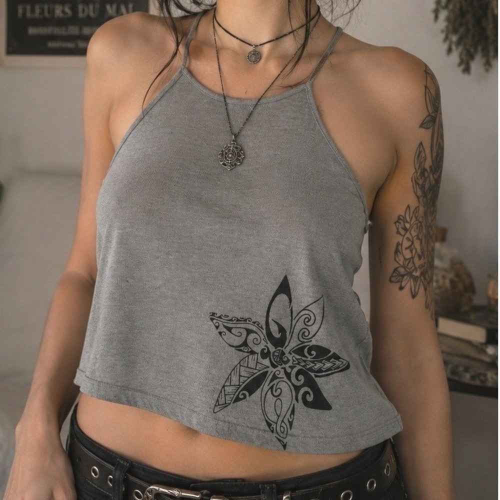 808 Clothing Co Maui Hawaii Gray Tribal Flower Halter Sz M Boho Beachy Vacation